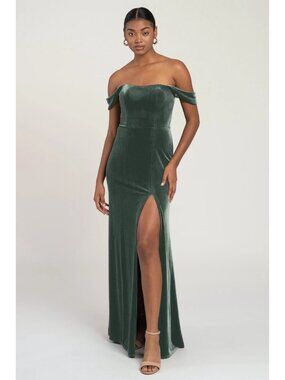 Jenny Yoo Issa Green Velvet Off Shoulder Maxi Gown Bridesmaid Dress Size 12